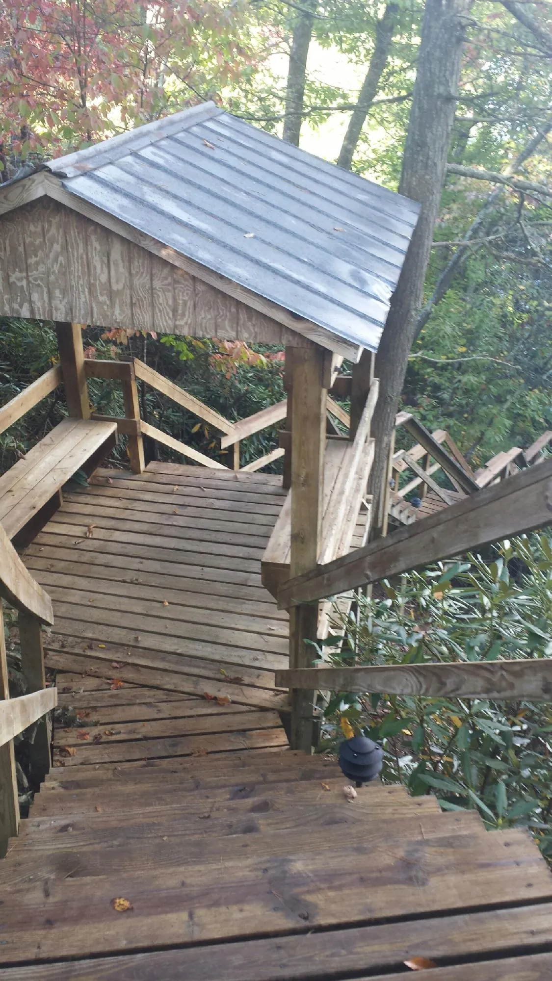 Metal roofed shelter over wooden steps on a wooded walkway — Skylight Repair & Installation work by our crew in Clyde